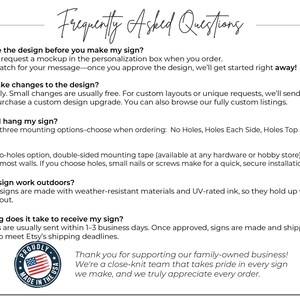 a collection of text and logos, including a logo with an American flag, a question about customizing a sign, and a message about the time it takes to receive a sign. The text is written in a casual and conversational tone, and the image does not contain any redundancy or vague descriptions.