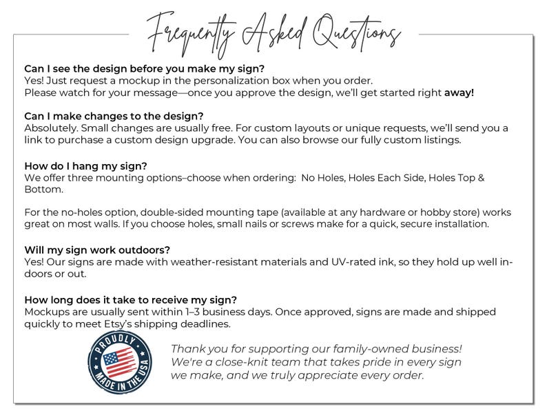 a collection of text and logos, including a logo with an American flag, a question about customizing a sign, and a message about the time it takes to receive a sign. The text is written in a casual and conversational tone, and the image does not contain any redundancy or vague descriptions.