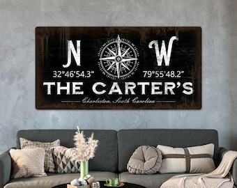 Letrero de latitud y longitud, regalo con coordenadas GPS, letrero de dirección, letrero de brújula, decoración náutica, regalo de boda, regalo personalizado, arte de pared de metal