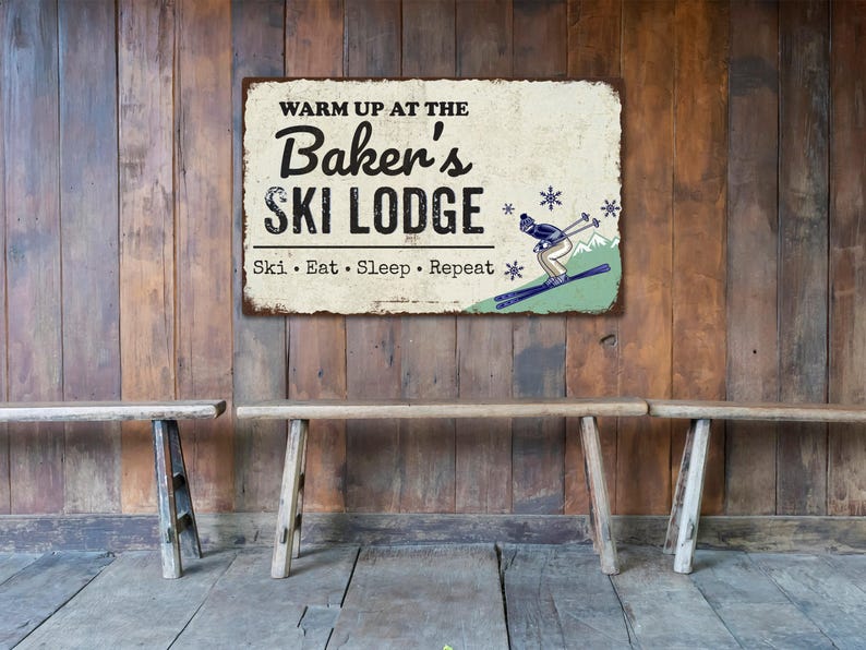 Personalized Ski Lodge Sign, Apres Ski, Ski Art, Cabin Decor, Winter Decor, Last Name Sign, Gift for Skiers, Winter Wall Art, Mountain Decor afbeelding 2