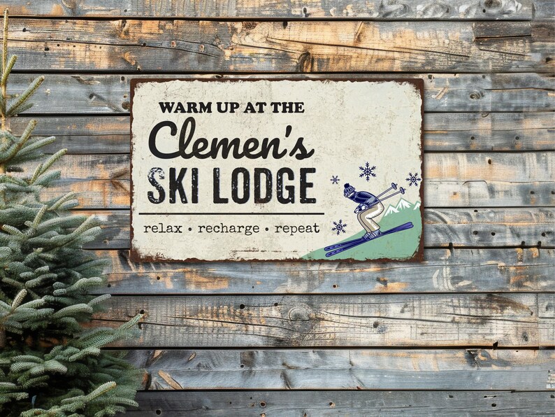 Personalized Ski Lodge Sign, Apres Ski, Ski Art, Cabin Decor, Winter Decor, Last Name Sign, Gift for Skiers, Winter Wall Art, Mountain Decor afbeelding 1