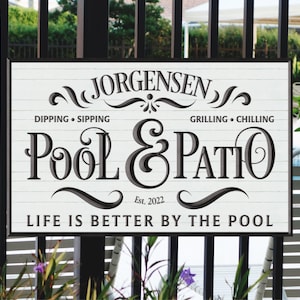 Personalized Pool and Patio Sign, Patio Decor, Personalized Sign, Backyard Grill Sign, Outdoor sign, Family name sign, Pool Sign, Metal Sign image 1
