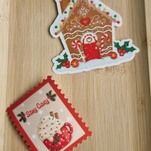 Pegatinas de ambiente invernal acogedor, casa de jengibre y sello postal, holográficas y laminadas mate, decoración para agenda navideña, portátil y diario