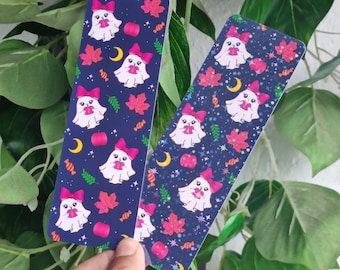 Pink Fall autumn Bookmarks bookish must have glossy sparkling laminate gift for any readers cute bookmark for kids cute ghost with pink bow