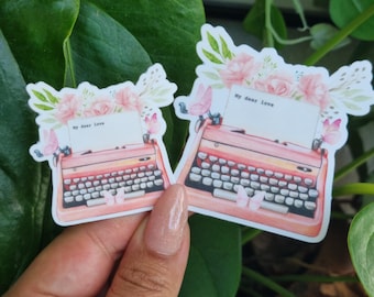 Typewriter Vinyl sticker pink typewriter and flowers with butterfly kindle nook kobo e-reader laptop stickers handmade matte stickers