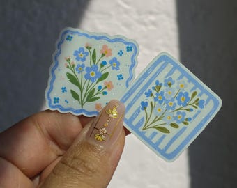 Set of 2 Blue Floral Sticker, Vintage Flower Sticker, Matte Sandy Glitter Sticker, Sparkle Sticker for Tumbler, Water Bottle, Laptop & Phone