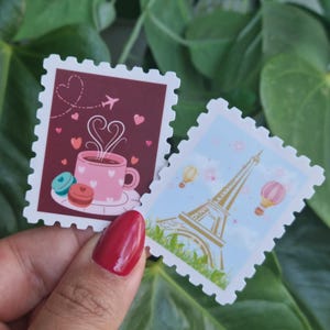 Vinilo Sello postal pegatina Franqueo pegatina de café franqueo Pegatinas de París Macarrón y pegatina de café Pegatina de la Torre Eiffel