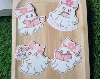 Vinyl Cute ghost sticker book lover tea and gossip kindle nook kobo e-reader laptop stickers handmade matte water resistant stickers