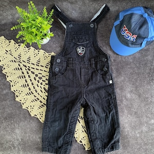Vintage 90s Kids Denim Overalls: Black Cotton Dungarees with Patches, 12 Months + Gift Cap