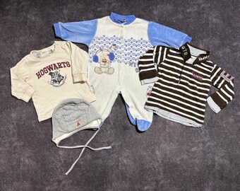 90s Lot Of 4 Cotton Clothes Baby Boy 3-6 Months, Gift Hat