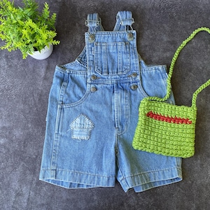 Vintage Denim Overalls with Patches & Crochet Bag - Baby Girl 1 Year