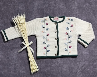 Cardigã vintage infantil dos anos 90, branco, de lã tricotada, com estampa floral, manga comprida (3-5 anos).