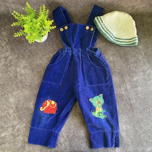 Vintage Velvet Kids Overalls: Dark Blue Patches, Crochet Panama Gift (12-18 Months