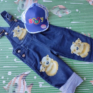 90s Kids Denim Overalls: Teddy Bear Print, Size 4-5 + Blue Check Cap