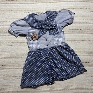 May include: A blue and white patterned dress with short sleeves. The dress features a polka dot skirt, a gingham bodice, and a small dog applique. The dress has a bow at the neckline and is buttoned down the front.