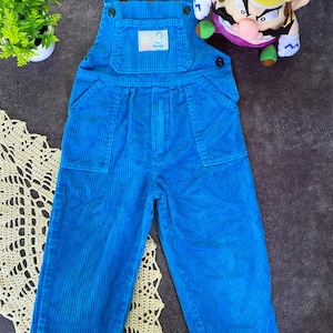Vintage Kids Corduroy Overalls: Blue Velvet Pocket Dungarees, Patches - 3 Years