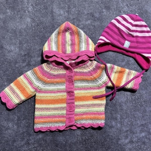 90s Vintage Multicolor Wool Knit Cardigan: Stripe Print, Baby Girl (3-6 Months) + Gift Hat