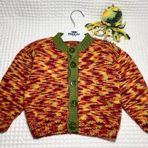 Hand Knit Baby Cardigan: Orange Green Melange, 12-18 Months + Crochet Toy