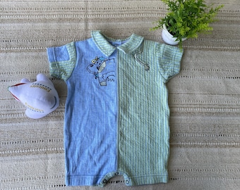 Vintage 90s Baby Romper: Embroidered Animal Print, 6-9 Months + Soft Toy