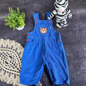 Vintage Baby Overalls: 90s Corduroy Dungarees with Animal Patches + Tiger Toy