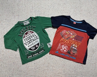 90s Vintage Boys Lightning McQueen T-shirt & Green Sweatshirt Set (3-4 Years)