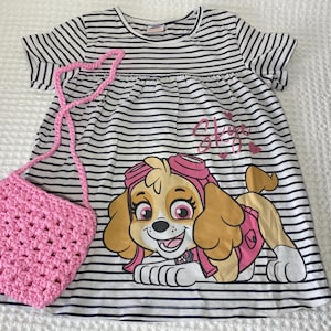 90s Vintage Kids Striped Dress For Girls 4-6 years With Cartoon Character Print + Gift Crochet Bag.