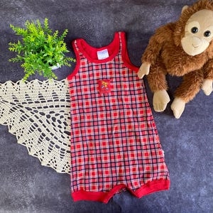 90s Vintage Summer Kids Romper Checkered Print For Girls/Boy 4 Years + Gift Toy Monkey.