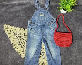 90年代ヴィンテージキッズデニムオーバーオール：ノースリーブ、12～18ヶ月、クロシェバッグ付き