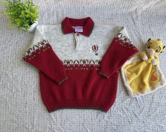 Vintage 90s Kids Wool Knit Sweater: Red Abstract Embroidery, Size 4-5 + Toy Gift