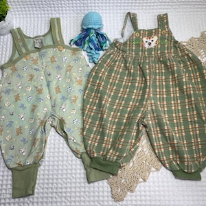 90s Set Vintage Rompers Cotton Checkered And Animal Print For Baby Boy 2-6 Months Buttons And Snaps + Gift Crochet Jellyfish Toy.
