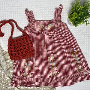 90s Vintage Red Kids Dress With Collar Check And Floral Embroidery Print 100% Cotton For Girls 12-18 Months + Gift Red Crochet Bag.