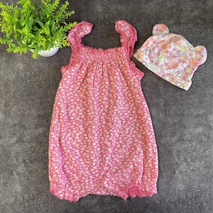 90s Vintage Summer Cotton Pink Overalls Floral Print For Baby Girls 6-9 Months + Gift Hat.