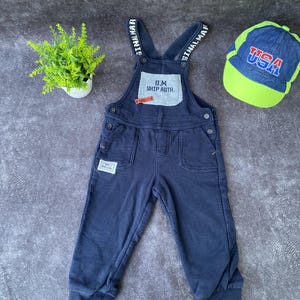 Vintage Kids Corduroy Overalls: Dark Blue Patch Dungarees (12-18 Months) + Gift Cap