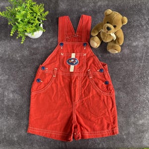 Vintage Red Corduroy Baby Overalls with Patches: 9-12 Months