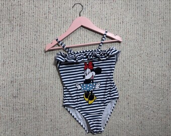 90s Vintage Kids Black and White Stripe Swimsuit: Minnie Mouse Print For Girl (7-8 Years).