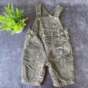 Vintage Baby Overalls: 90s Cotton Velvet Cord Dungarees, Embroidered Brown