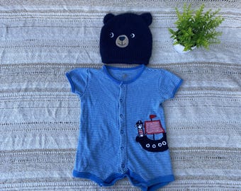 Pelele infantil estilo años 90: Rayas marineras bordadas, gorro de oso de regalo (12 meses).