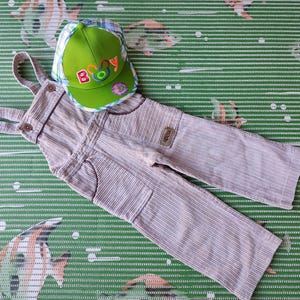 90s Kids Corduroy Overalls & Green Check Cap - Size 3-4 Years