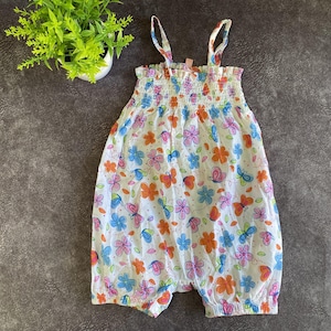 90s Vintage Summer Cotton Overalls Floral And Butterfly Print For Baby Girls 6-9 Months.