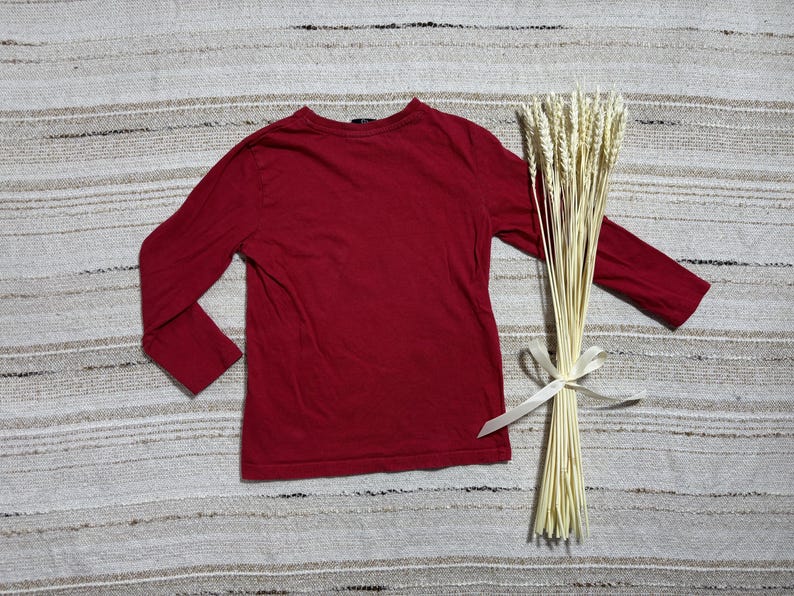 May include: A long-sleeved, burgundy-colored shirt is displayed on a textured, neutral-toned surface. A bundle of dried wheat stalks, tied with a white ribbon, rests beside the shirt. The shirt is the focal point, showcasing its solid color and simple design.