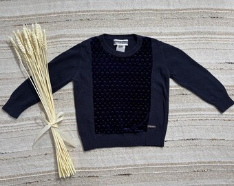 Sudadera vintage de los años 90 de algodón azul oscuro con estampado redondo de terciopelo – Niño de 3 años.