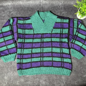 Vintage 90s Knit Kids Sweater: Multicolor Long Sleeve Check Print Girl (7-8 Years)