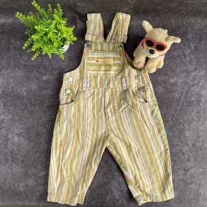 Vintage Baby Overalls: 80s Striped Corduroy Dungarees with Toy