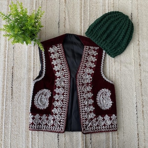 Conjunto de chaleco navideño vintage con lentejuelas y gorro de crochet - Niños de 3 años