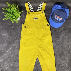 Vintage 90s Kids Mustard Corduroy Overalls: Car Print Patches, 18 Months