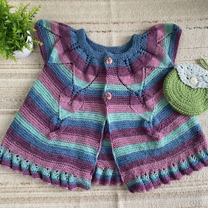 90s Vintage Kids Knitted Crop Cardigan: Multicolor Stripe, Bows (Size 5-6) + Crochet Bag