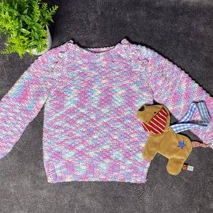 90s Vintage Kids Pink Knitted Cardigan/Sweater Multicolor Print For Girls 12-18 Months + Gift Toy Dog.