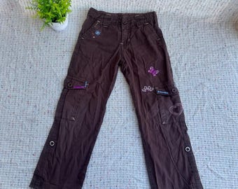 Vintage 90s Kids Cotton Brown Pants: Floral Embroidery Print, Girl 5 Years.