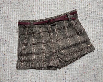90s Vintage Kids Shorts Brown Check Print With Belt For Girls (6 Years).