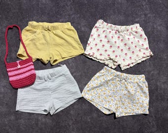 Lote de 4 pantalones cortos de verano vintage de los años 90 para niña (12-18 meses), bolsa de regalo de crochet.